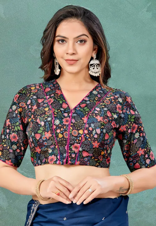 Digital Printed Art Silk Blouse in Black
