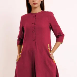 Embroidered Pocket Cotton Kurti in Magenta