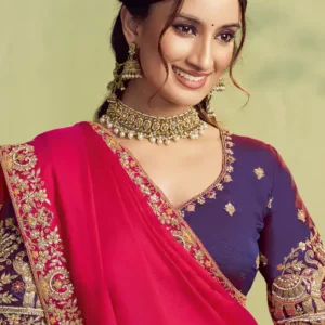 Embroidered Border Satin Saree in Fuchsia