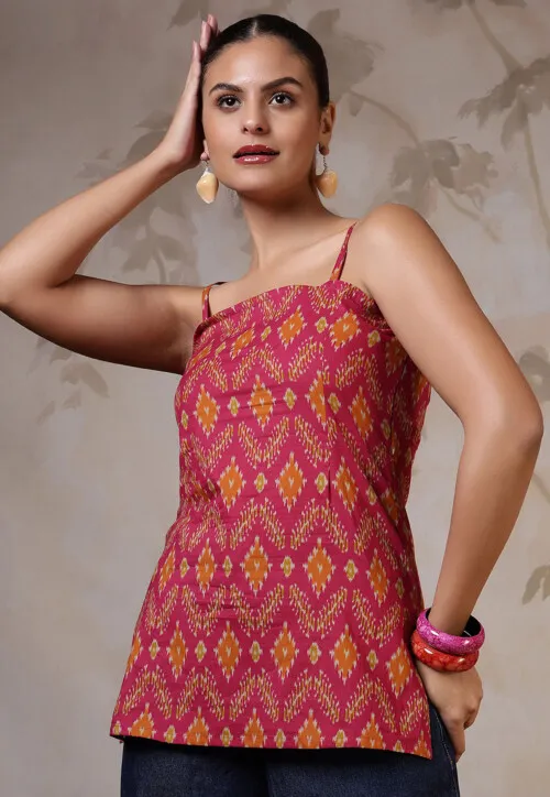 Ikat Printed Pure Cotton Kurti in Pink - Image 3