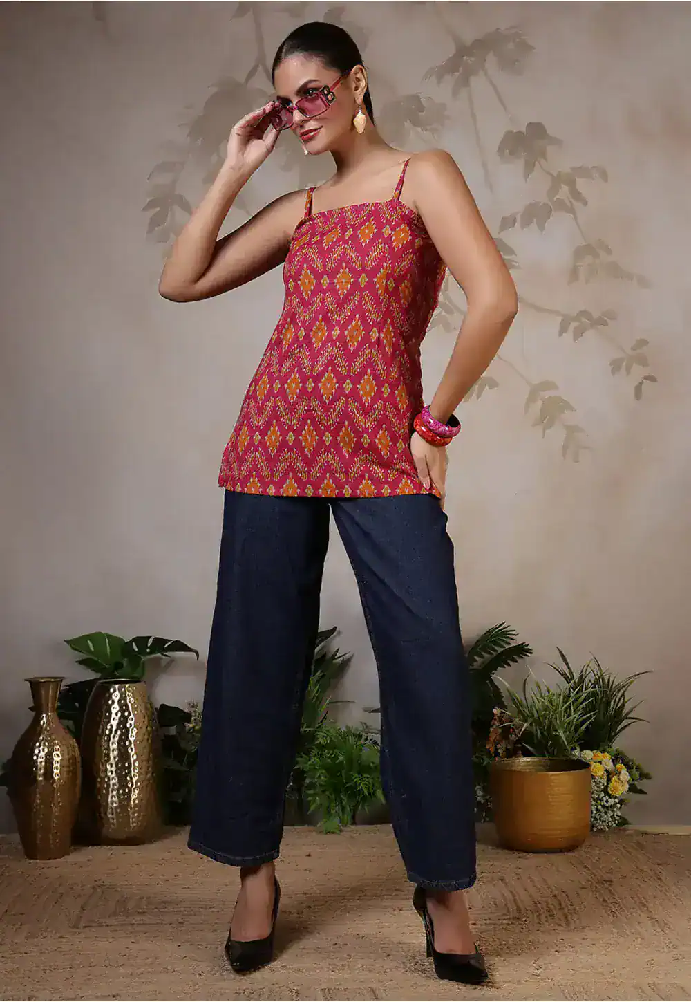 Ikat Printed Pure Cotton Kurti in Pink