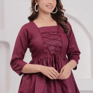 Woven Cotton A Line Kurti in Wine