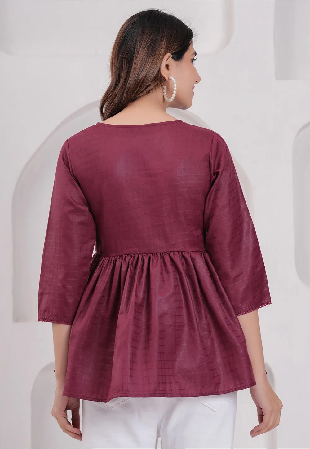 Woven Cotton A Line Kurti in Wine - Image 3