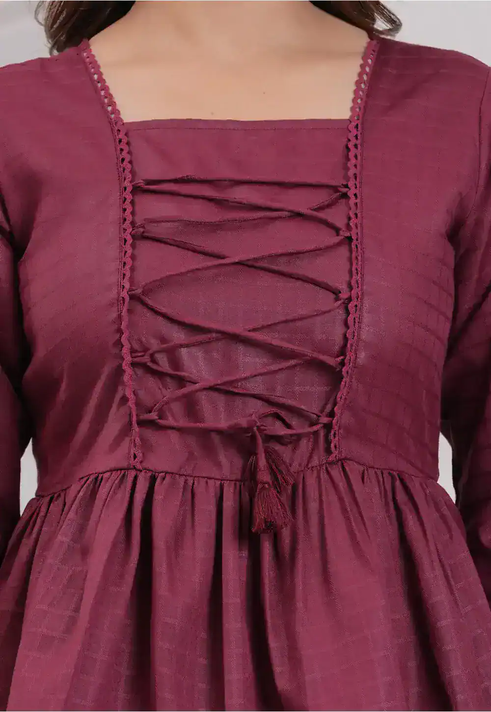 Woven Cotton A Line Kurti in Wine - Image 2